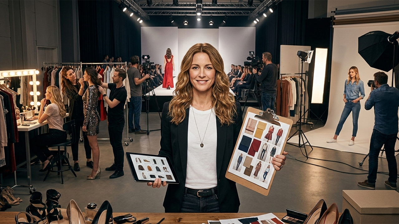 Behind the scenes fashion stylist planning outfits for a shoot